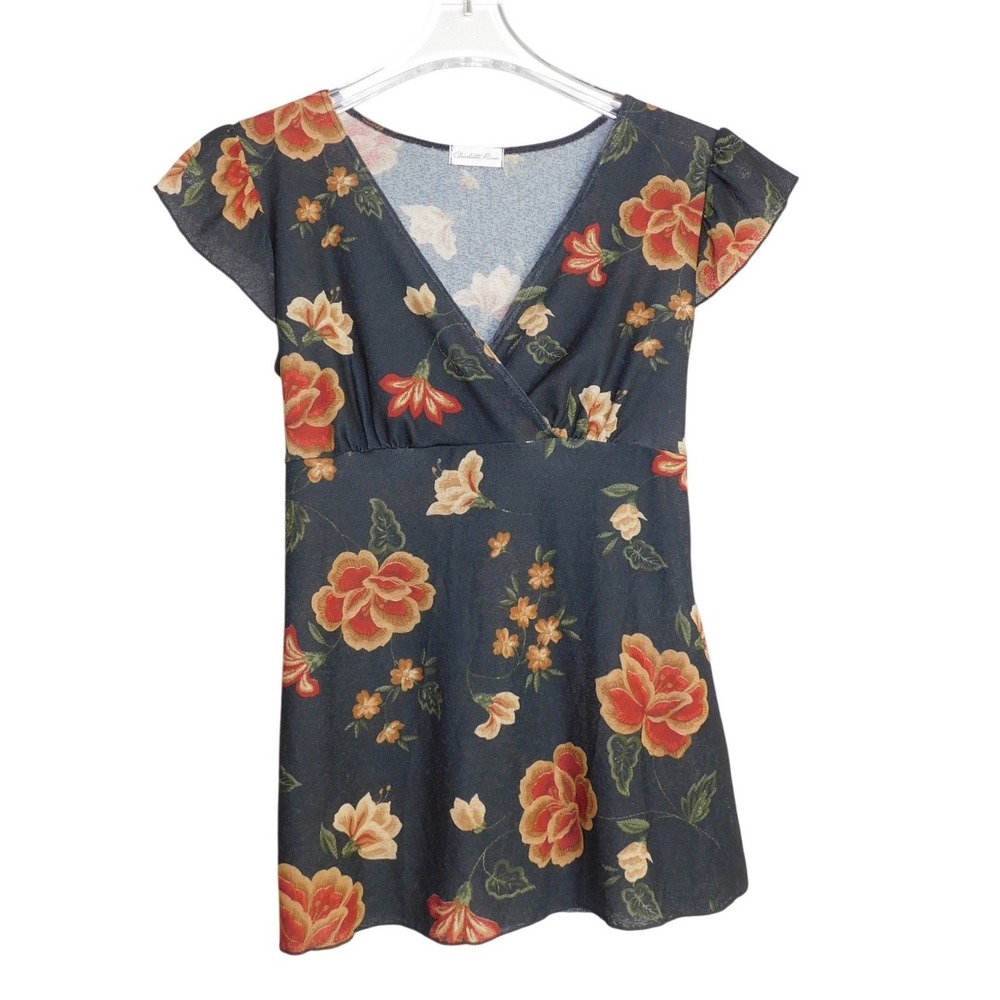 Charlotte Russe Blouse Women Small Black Floral Empire Waist Flutter Sleeve Tie